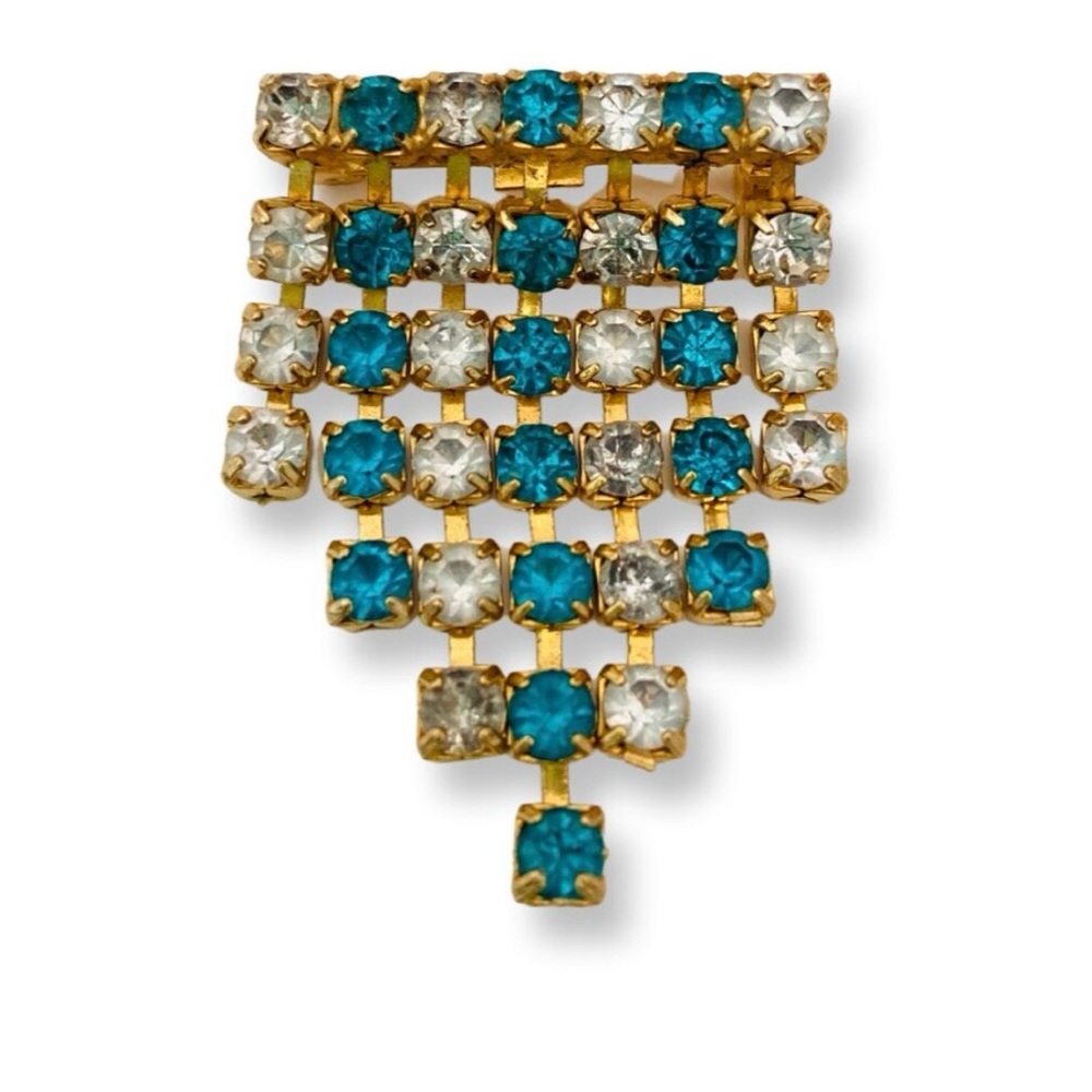 Vintage Art Deco Gold Tone White Blue
Rhinestones Waterfall Brooch